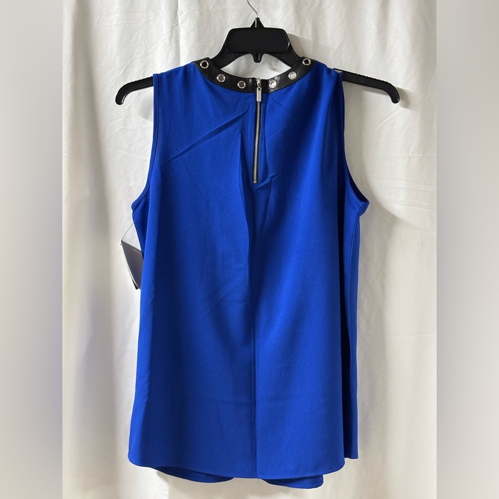 Alfani Royal Blue Grommet Collar Sleeveless Blouse Faux Leather Trim Size 8 NWT - Picture 4 of 4